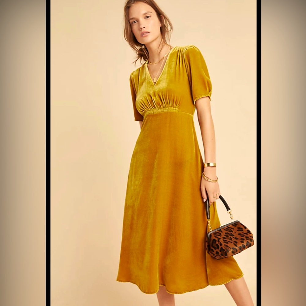 Anthropologie Gold Velvet Midi Dress